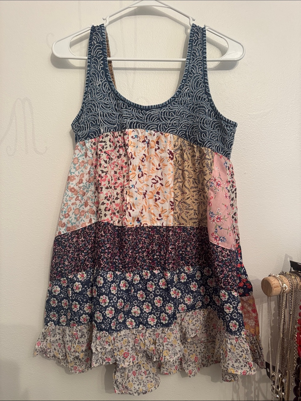 Patchwork Floral Tiered Shirt Tank  Navy & Pastel Florals